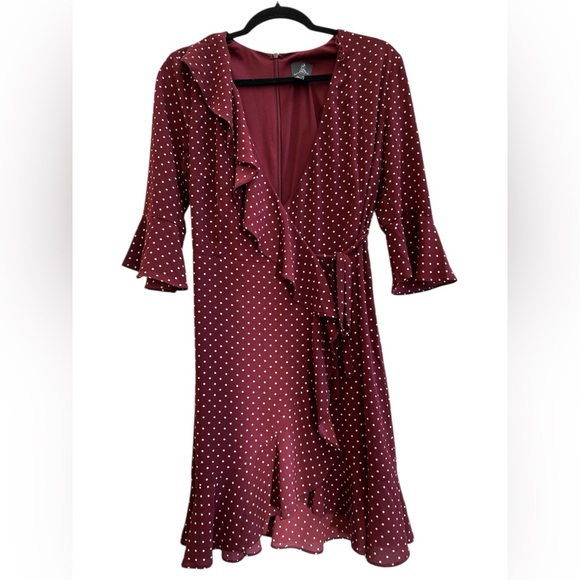 Adrianna Papell Dresses & Skirts - Adrianna Papell Feminine Burgundy Polka Dot Ruffle Wrap Dress 3/4 Sleeve Size 4